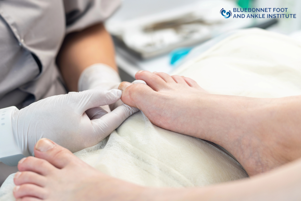 A podiatrist examining a patient before removing an ingrown toenail in Texas.